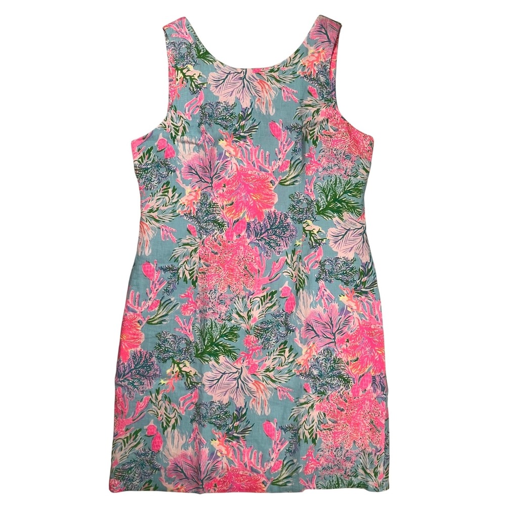 New Lilly Pulitzer Maurina Linen Shift Dress Womens 14 Blue Pink Coral Vacation